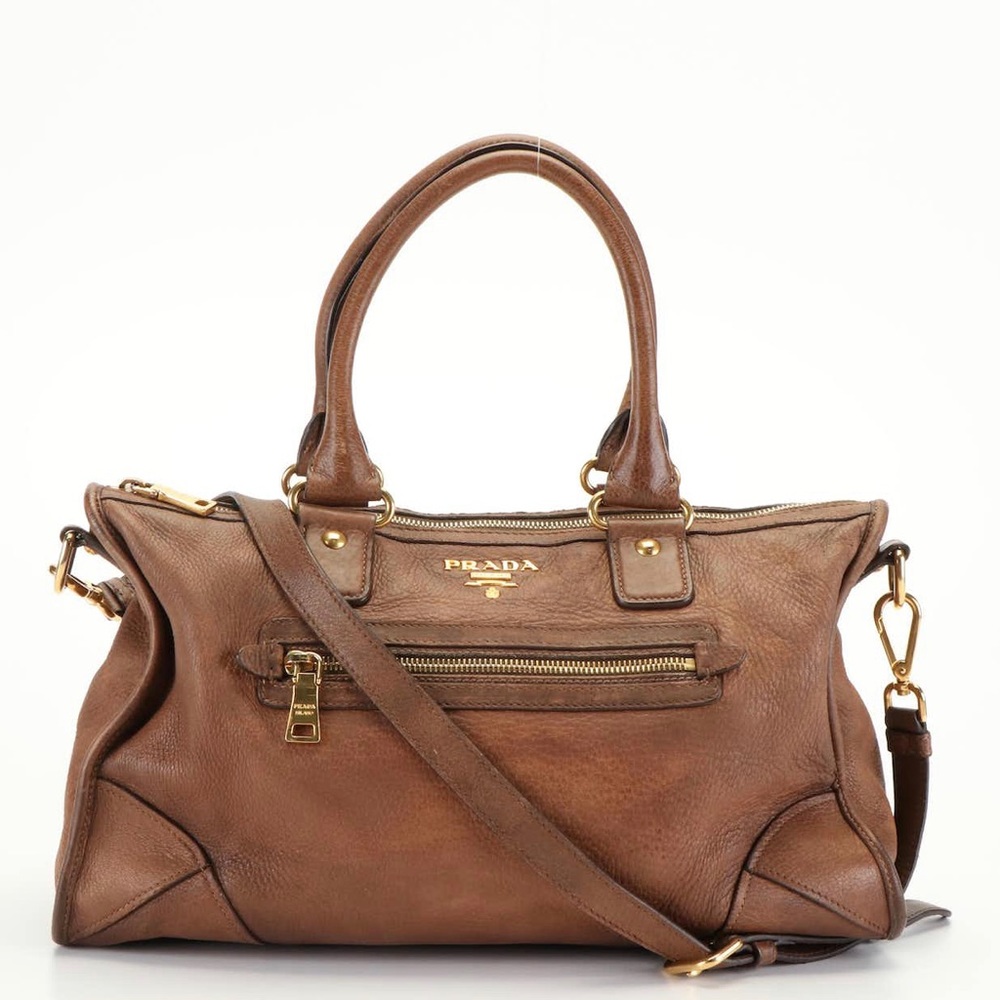 Prada Palissandro Vitello Shine Leather East/West Bauletto Bag Tote